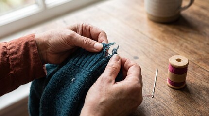 Fototapeta premium Hands inspect a torn jewel-tone sweater sleeve for repair