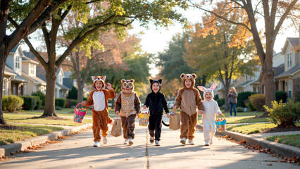 Obraz premium Group of excited children wearing animal costumes walking down residential street during autumn holiday celebration with children dressed with dressed various animals