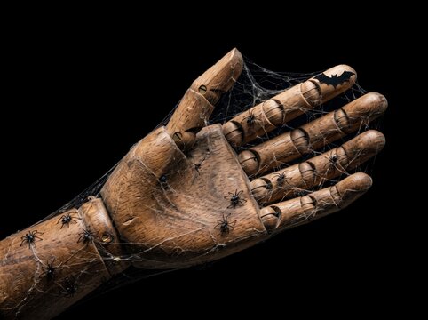 Articulated wooden hand entangled in spider webs with insects on dark background macro shot with sharp focus for halloween seasonal marketing