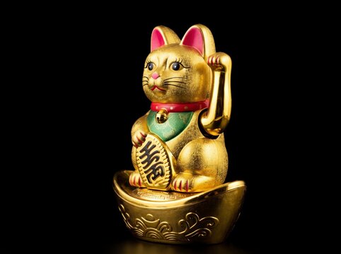 Golden maneki-neko beckoning cat figurine resting on sycee gold ingot with sharp focus on black background for prosperity and wealth marketing