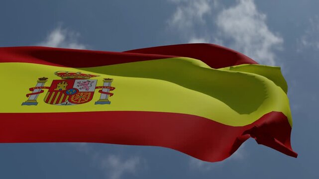 Aerial Close-up of the Country Spain is a secular parliamentary democracy, with the national flag waving in the wind, Spain National Day, October 12, Seamless 3d render animation. 4k high resolution