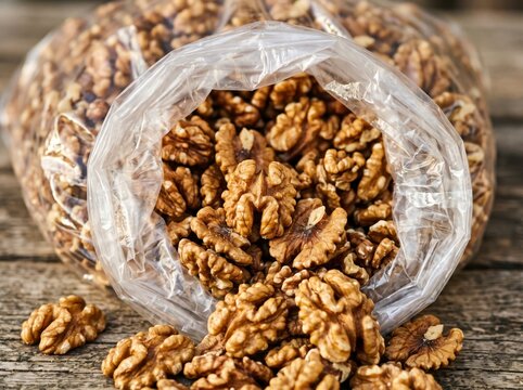 Shelled walnut kernels spilling from plastic bag on weathered wood with macro focus and soft bokeh for organic food branding