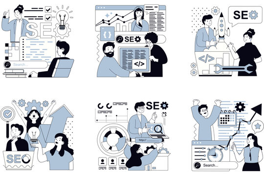 Set of search engine optimization and digital marketing flat vector illustrations