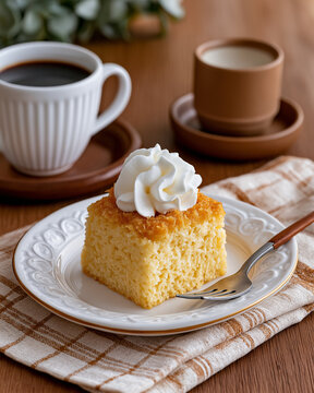 Traditional Brazilian Bombocado Cake Slice with Whipped Cream and Coffee
