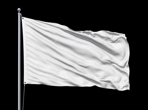 White flag waving on metal pole against black background in sharp focus studio shot for peace and surrender branding