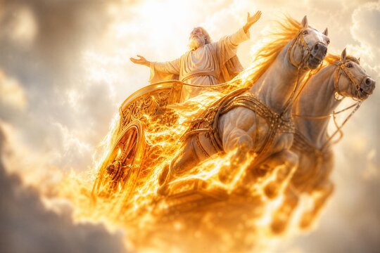 Elijah ascending to heaven in a fiery chariot, a serene and divine miracle of spiritual transition and heavenly glory.