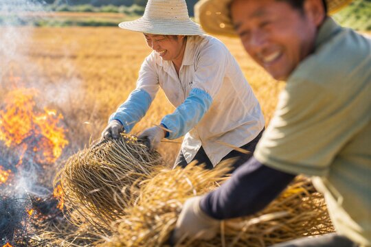 Harvesters actively bundling weeds for burning beside golden wheat, a dynamic scene of agricultural labor and harvest.