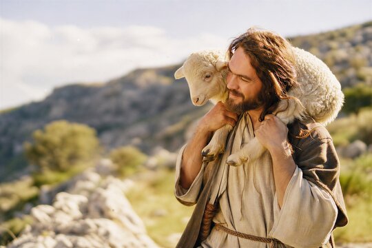 A compassionate shepherd carrying a rescued sheep across the hills, symbolizing care, hope, and peace in a serene moment.