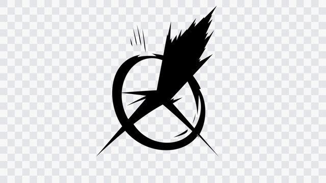 Abstract manga energy emission symbol with circular motion, comic impact effect, anime power burst, dynamic radial element, isolated black vector icon on transparent background.