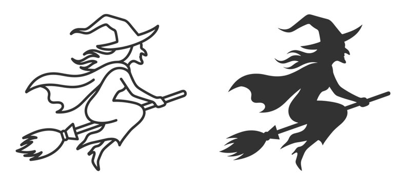 witch silhouette flying on broomstick simple line art vector illustration on transparent background