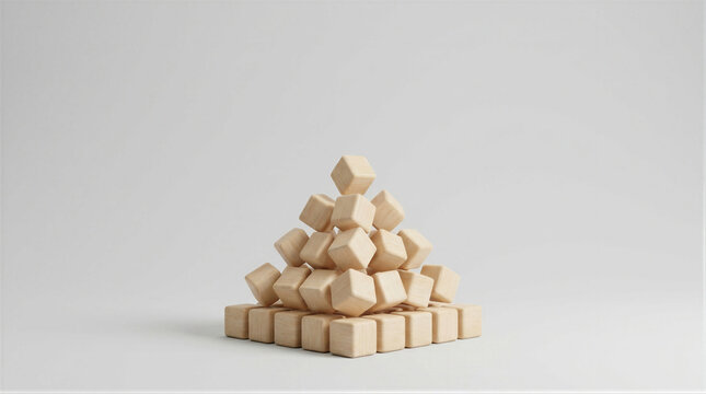 Wooden cube blocks stacked in pyramid shape on white background. Business concept of growth, strategy, development, planning, and teamwork. Concept of structure, hierarchy, and foundation