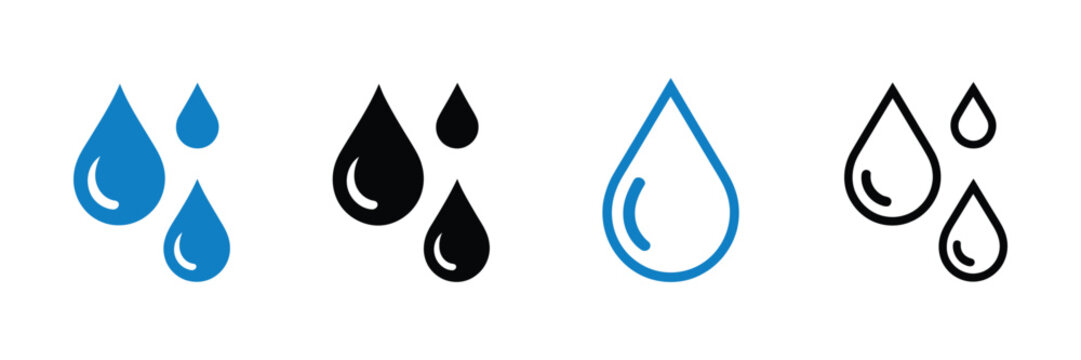 Water drops icon set with raindrop liquid droplet splash symbols in outline glyph and color styles for apps and design