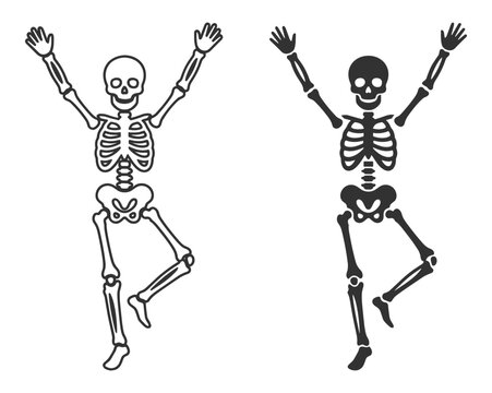 dancing human skeleton illustrations in black and white vector style on transparent background