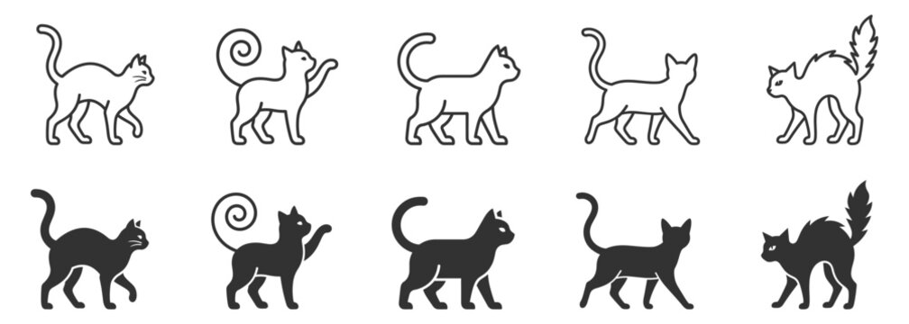 cat silhouettes and line art set of walking and arched back poses vector illustration on transparent background