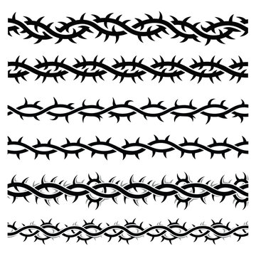 Barbed Wire Borders Collection Vector &ndash; Black Thorn Wire Divider Set Isolated on White Background