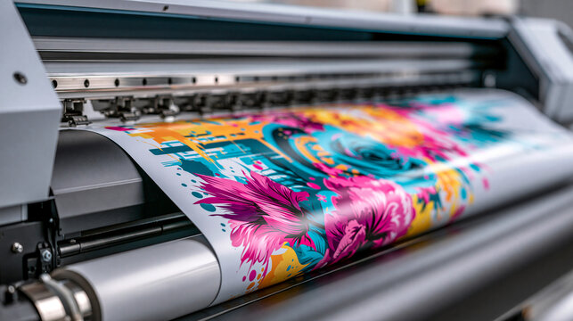 A large format industrial printer prints vibrant colorful artwork on a vinyl roll. Ideal for print industry and advertising concepts.