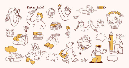 Whimsical doodle illustrations featuring children learning and playing in different classroom activities. Hand drawn vector icon set for education and back to school campaigns.