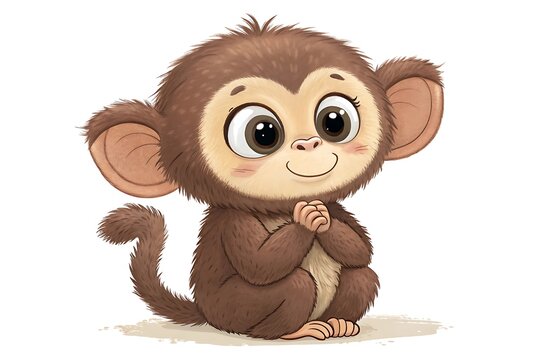 Cute cartoon baby monkey sitting and smiling happily