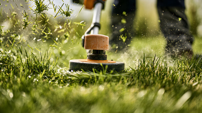 Grass trimmer cutting fresh lawn close up