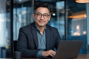 Fototapeta premium Glossy portraits of confident mature businessmen working on laptops in modern offices, featuring natural smiles, realistic details and fashionable teal–amber editorial color grading.