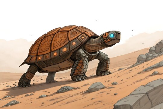 Mechanical armored turtle walking on rocky desert terrain