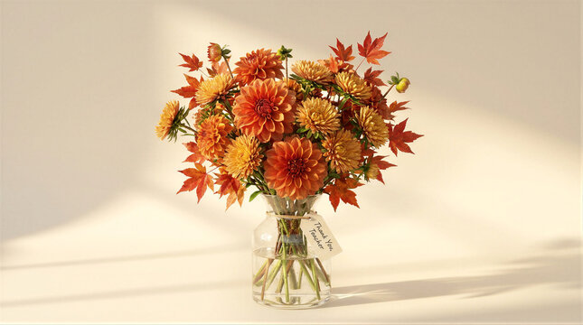 Bouquet of autumn flowers with dahlia and maple leaf in glass vase with thank you teacher tag. Seasonal botanical arrangement for education appreciation gift on studio background