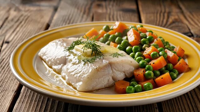 Steamed white fish fillet with peas and carrots.