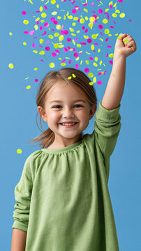 Happy caucasian child celebrating with confetti on blue background