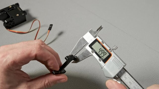 An engineer works with a digital caliper to measure a small robotic servo component with gears and wiring. Taking size, wide, length The precise measurement is shown on the LCD screen of the tool.