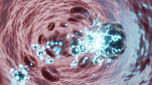 Microscopic view of glowing blue particles interacting with red blood cells inside a blood vessel, representing cellular activity or medical treatment.