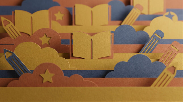 Paper craft layers featuring cutouts of open book, pencil, cloud and star shape. Educational diorama with school supplies. Concept of literacy, learning and library archive records