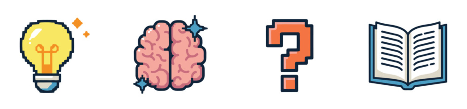 Idea, Brain, Question, and Book Icons: A collection of simple pixel art icons representing an idea, a brain, a question mark, and an open book.