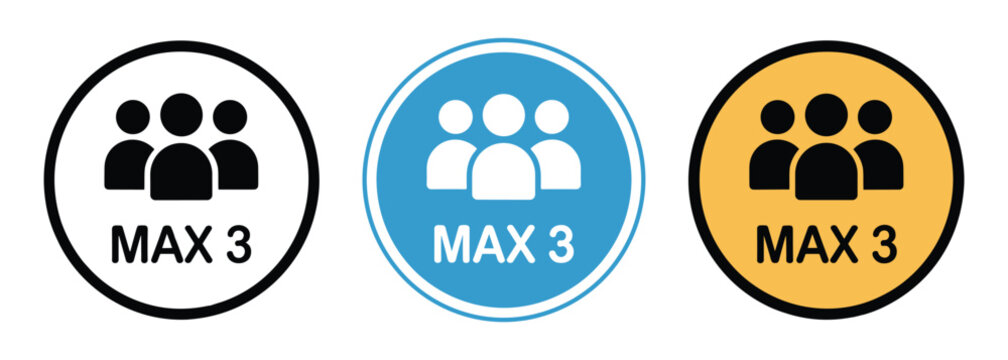 Group Limit Sign: Three stylized icons depicting a maximum of three people, each with a different color border (white, blue, and yellow), indicating a capacity restriction.