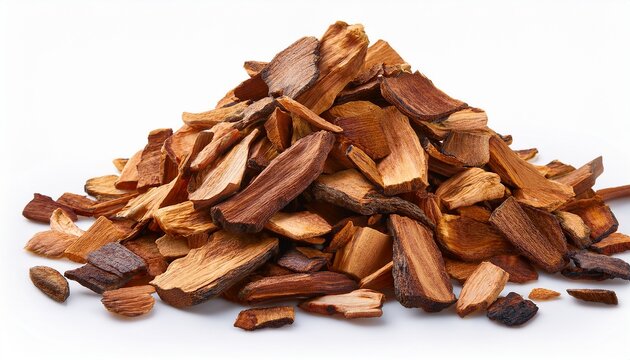 high resolution image of dry wood chips used for smoking meats highlighting texture isolated on white background