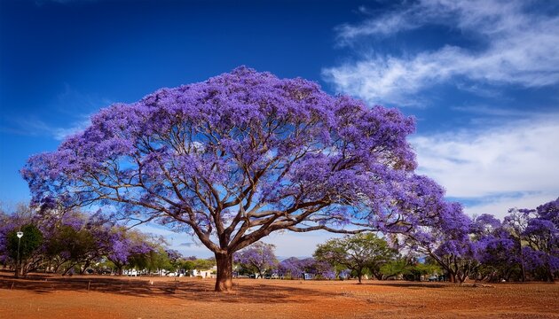 jacaranda tree in full bloom with purple flowers and blue sky