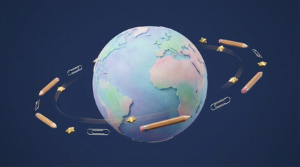 Naklejka premium Globe surrounded by orbiting stationery including pencil and paper clip. Education and global communication concept. World geography and international business connectivity 3D render