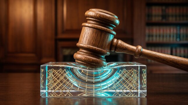 Mazo judicial golpeando bloque de cuarzo con matriz de datos cu&aacute;nticos