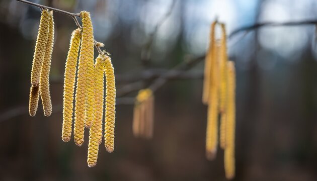 vertical photo of yellow hazelnut catkins hanging from a branch early spring forest flora with blurred woodland background
