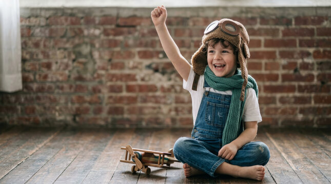 Joyful young boy dressed as pilot with toy airplane dreams of flying
