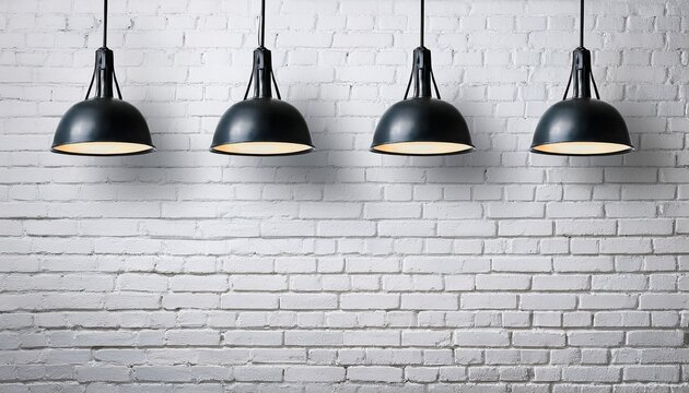 white brick wall with four black industrial lights hanging overhead