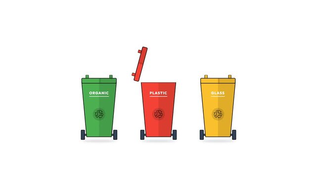 Trash items being sorted into color coded recycling bins. 4K Video
