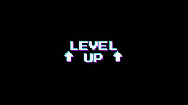 Retro pixel level up text with digital glitch and arrows. 4K Video