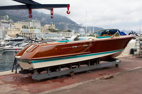small tidy boat at the dock in the marina in Monte Carlo Monaco