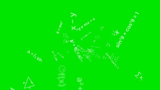 Mathematical and scientific formulas floating on green screen. 4K Video