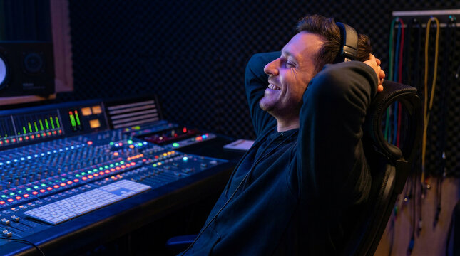 Man music producer sitting in recording studio with headphones. Sound engineer listening to track on console mixing board. Professional music production and media industry creative work