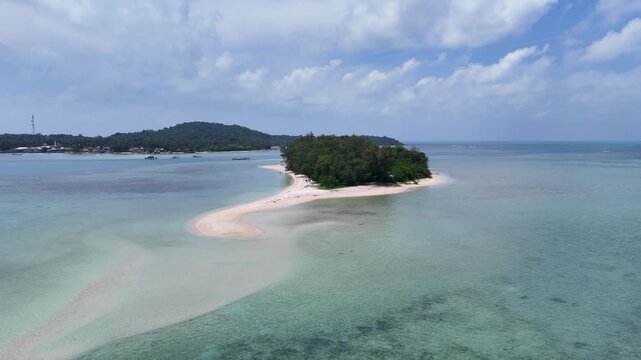 Aerial shot of Kerayaan Beccu Beach, a white-sand beach in Kotabaru, South Kalimantan