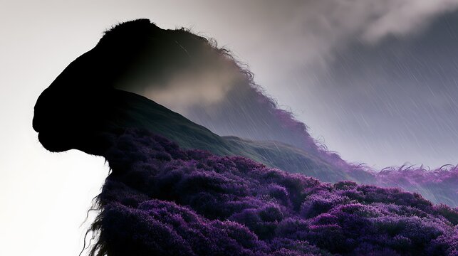 Prompt: A striking double exposure fine-art portrait. A crisp black silhouette profile of a highland sheep is filled with a minimalist surreal dreamscape of the rolling green hills of Glen Coe, 