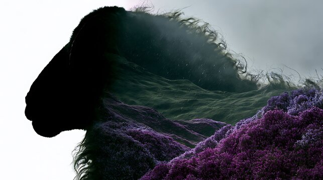 Prompt: A striking double exposure fine-art portrait. A crisp black silhouette profile of a highland sheep is filled with a minimalist surreal dreamscape of the rolling green hills of Glen Coe, 