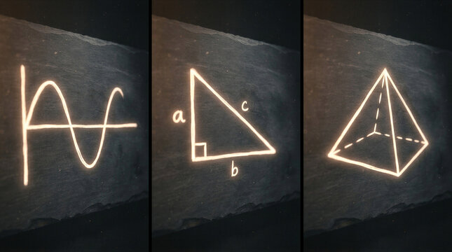 Sine wave function, right triangle equation, and 3D pyramid geometric shape glowing on textured dark surface. Mathematical formulas and science concepts for learning and education