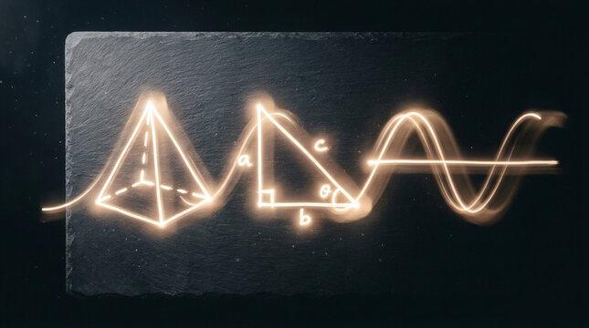 Glowing light symbols of geometry and trigonometry on black stone background. Mathematical formulas with pyramid, triangle and sine wave. Academic research and scientific education concept